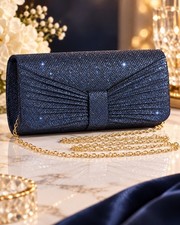 Navy Glitter Clutch Evening Bag w/ Gold Chain Shoulder Strap Bow Pleated