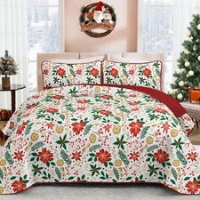 Christmas Quilt Set Queen Size Poinsettia Holly Leaves Evergreen Sprigs Bedsp...