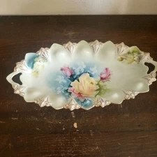  RS Prussia Germany Handpainted Porcelain Oval Handled Dish Green Roses Gold