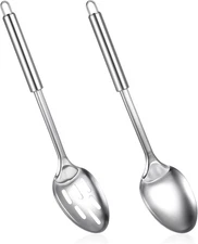 2 Pcs Large Cooking Spoon Set Stainless Steel Kitchen Solid & Slotted Spoon K...