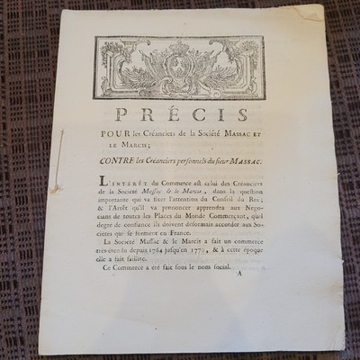 Précis Massac & Le Marcis   Insolvenz-Dokument Frankreich 1777   Originaldruck