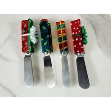 Boston Warehouse Cheese Butter Spreaders 90's Christmas 4 7/8 Stainless China x4
