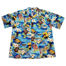 Palmwave Hawaiian Shirt Mens 3XL Blue Floral Aloha Hawaii Map Cruise Vacation