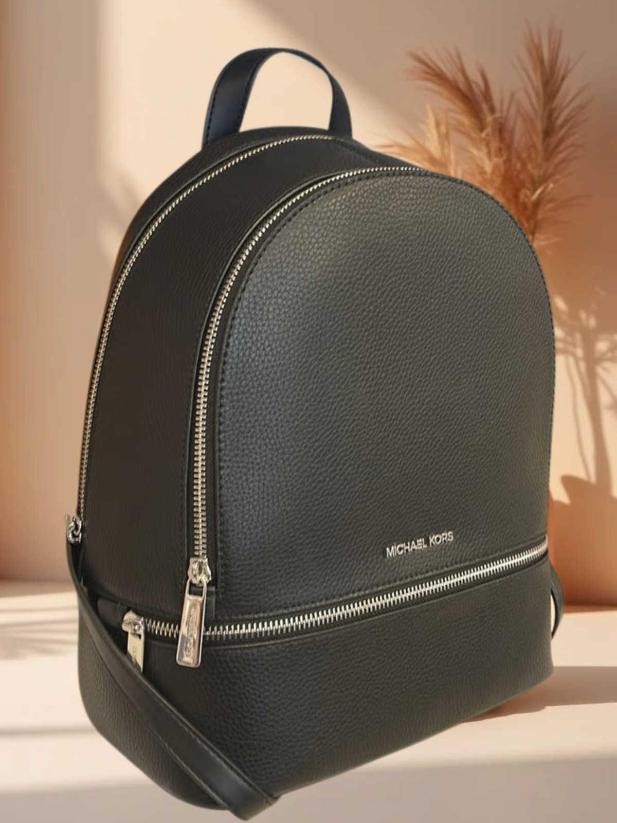 Michael Kors Rhea Medium Black Pebbled Leather Double Zip Pocket Backpack Bag MK