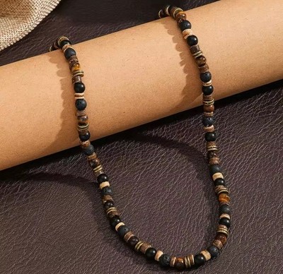 Mens Boho Necklace Tiger Eye Lava Stone Wood Beads Surfer Handmade Choker