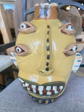 Carl Block 4-eyed Face Jug Grotesque Folk Art Mudhead Texas Artist Signed 7”