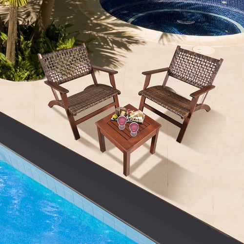3PCS Rattan Patio Chair & Table Set Outdoor Furniture Set w/ Wooden Frame - Picture 3 of 10