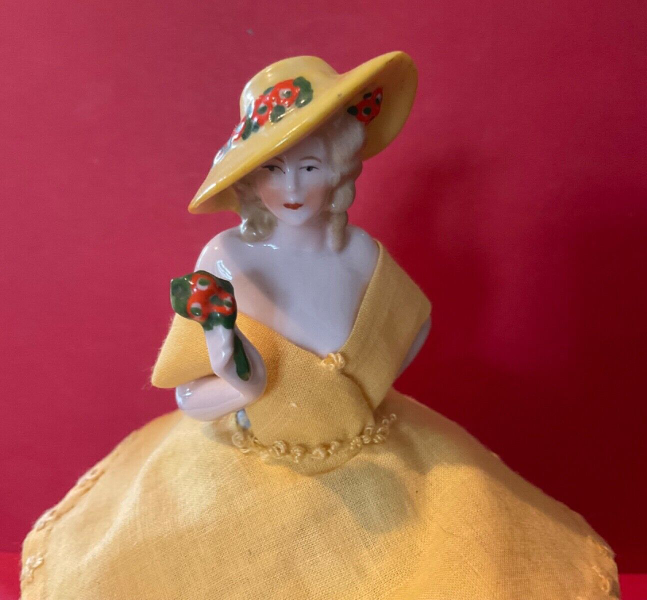 ANTIQUE ART DECO PORCELAIN PIN CUSHION DOLL 15CM TALL LEGS AND