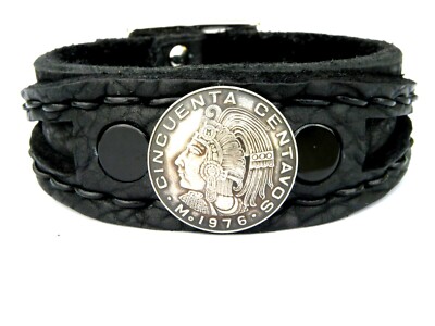 Cuff Bracelet Aztec Warrior Mexican coin onyx stones Buffalo Bison leather 