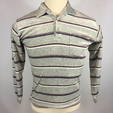 Vintage 70s Campus Velour Velvet Soft Thin Strip Polo Shirt Mod Atomic Disco M