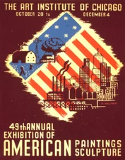 POSTER ART INSTITUTE CHICAGO AMERICAN PAINTINGS SCULPTURE VINTAGE REPRO FREE S/H