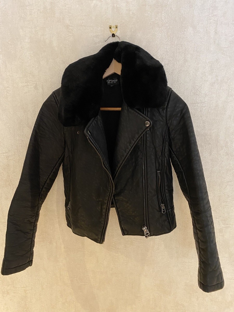 Veste En Cuir Topshop Taille S Avec Col En Fourrure - Couleur Beige, Style Moto - Neuf Sans étiquettes