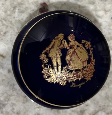 Atemberaubende tiefblau vergoldete runde Limoges feines Porzellan Deckel Schmuckdose Gold