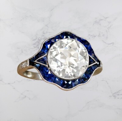 Art Deco Style Lab Created Diamond & Sapphire 14K White Gold FN Wedding Ring