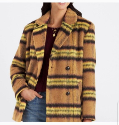 Vigoss Plaid Double Breasted Peacoat Coat Yellow Tan Full Button Size M NWT