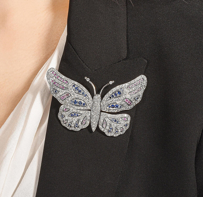 Broche Papillon Argent 925 Avec Saphirs, Rubis, émail - Fabrication Japonaise