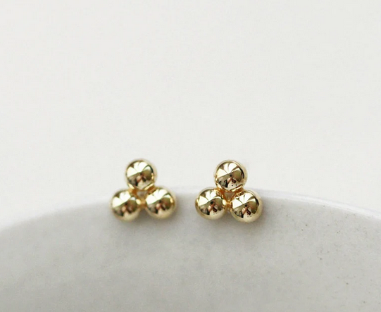 Solid 10K Yellow Gold Trinity Small Half Balls Dainty Stud Women's Earrings
