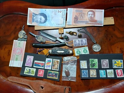 Vintage Junk Drawer Lot Money Stamps Knives Coins Buttons Blade Lit