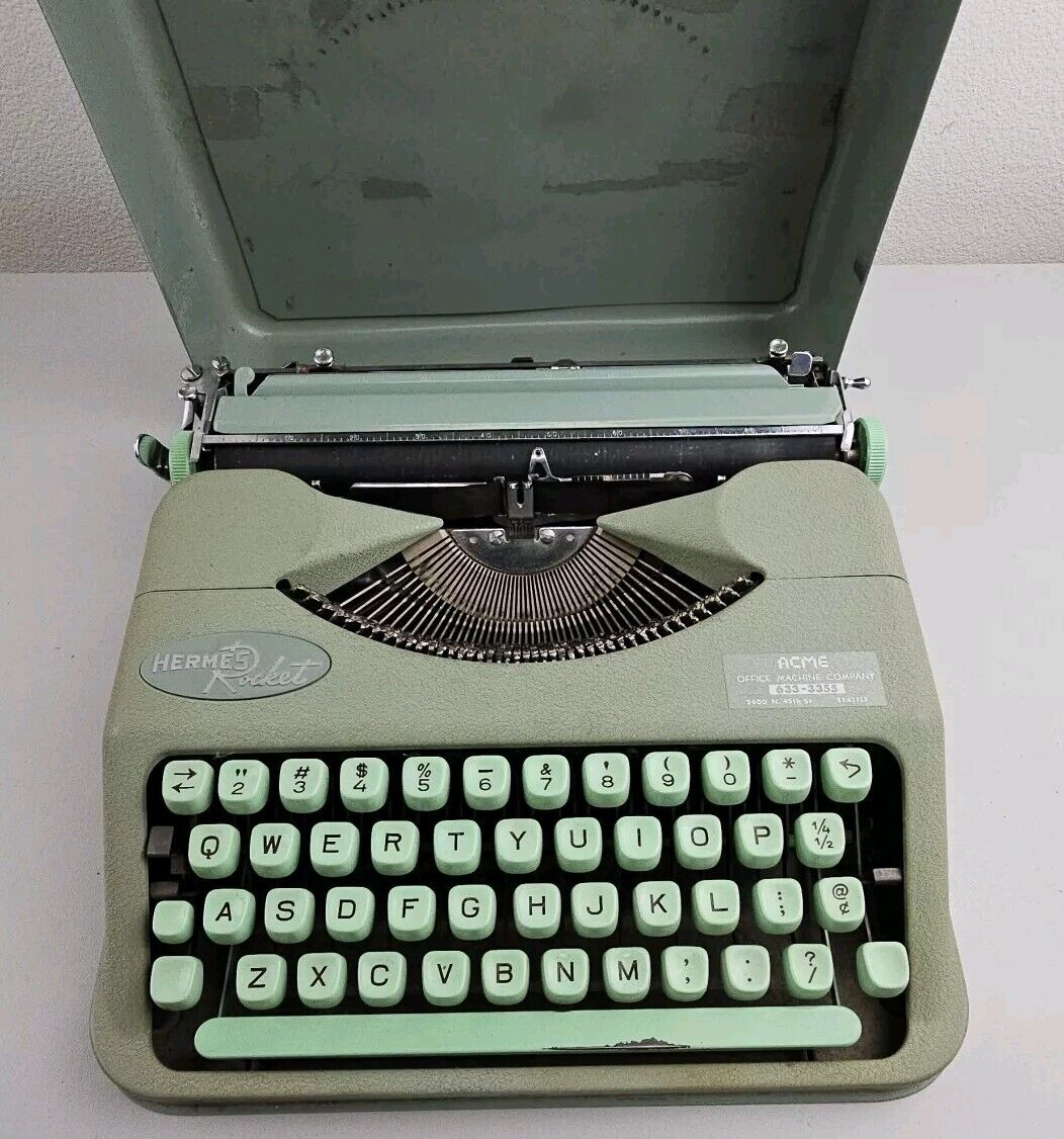 1957 Vintage HERMES ROCKET Portable Typewriter in Green w 1957 Vintage HERMES ROCKET Portable Typewriter in Green w