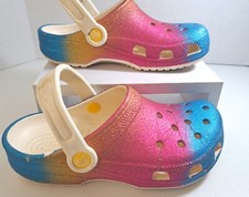 Crocs Classic Ombre Pink Blue Glitter Clogs Slip on White Youth J3