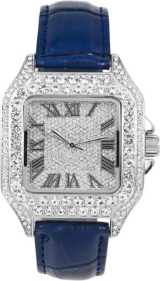 Techno Pave 32mm Iced Out Blue  Leather Band Watch   Square Shape, Roman Dial