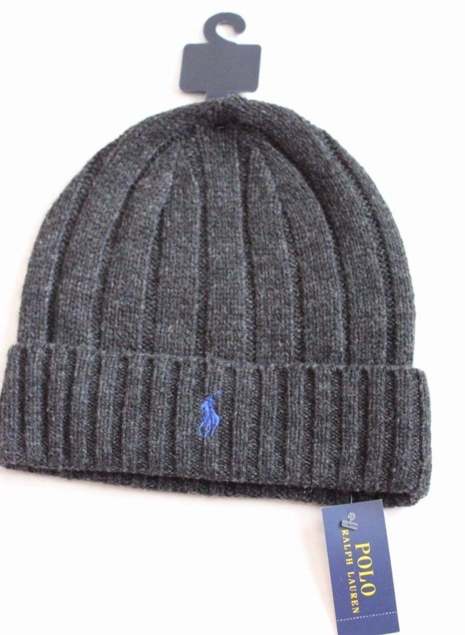 NWT Polo Ralph Lauren charcoal Wool Cuff Beanie Hat Skull Navy Blue white Pony