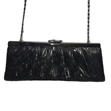 Jessica McClintock Black Fabric Evening Prom Bag Chain Handle Metal Clasp