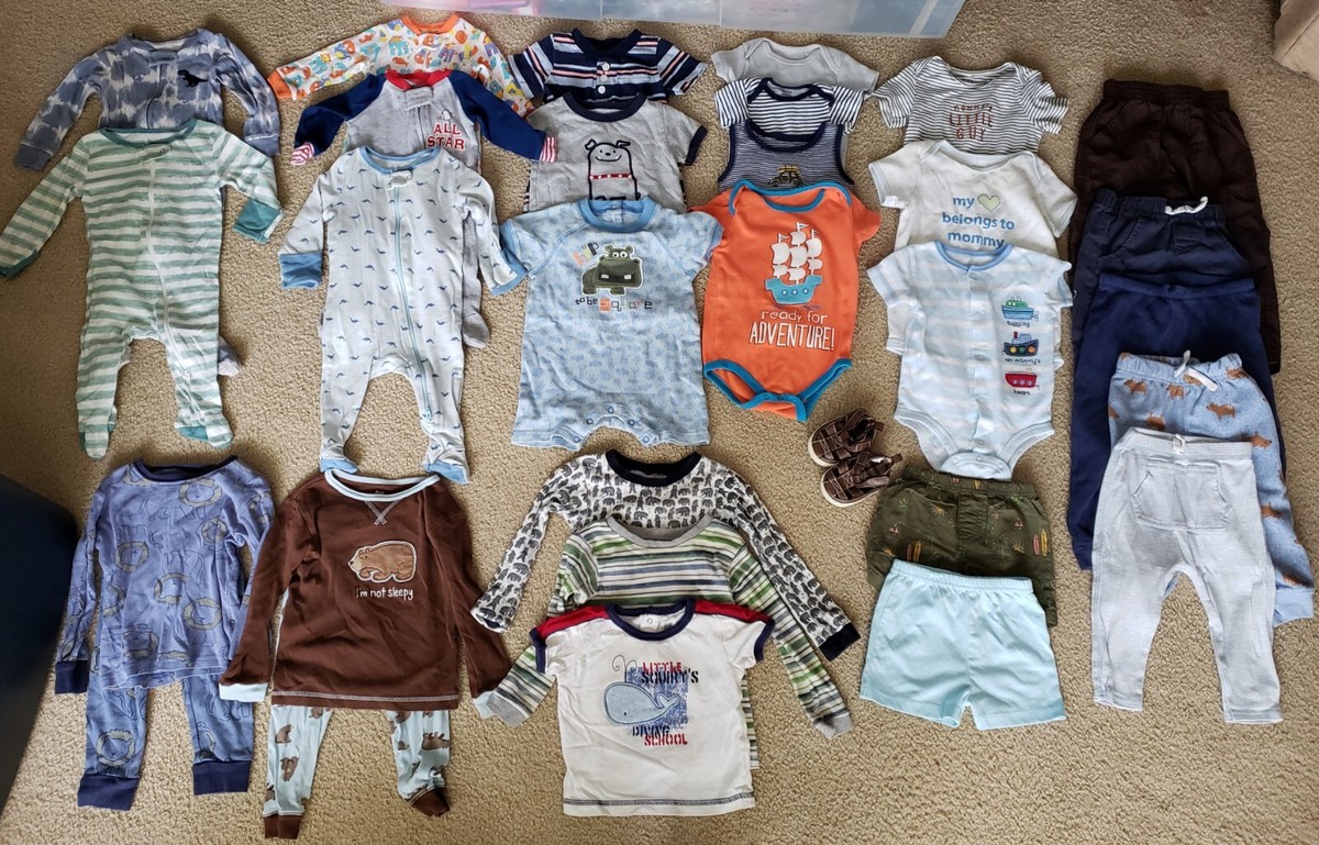 LOT OF 30 ASSORTED BABY BOYS CLOTHES SIZES 0-3 M, 3-6 M, 6-9 M, 12