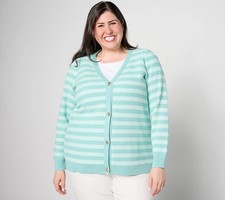 Joan Rivers Classics Collection Honeycomb Stripe Button-Front Cardigan Seafoam S