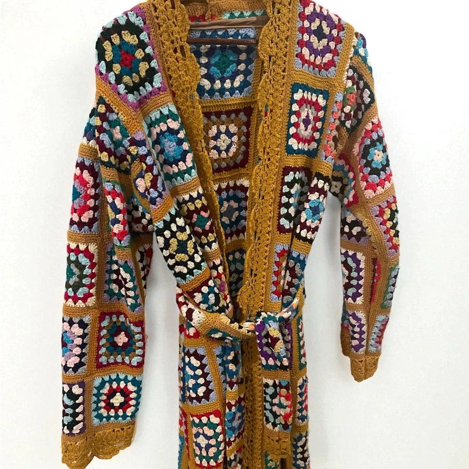 Vintage Italian Macrame Women's Crochet Rainbow Quilt Duster Sweater Coat Large - Image 4 of 4