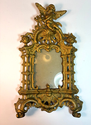 Vintage ROCOCO IRON GOLD CHERUB FRAME Ornate Angel HEAVY Standing Picture 14''