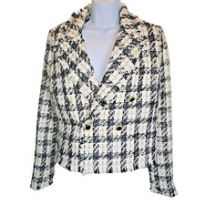 House of Harlow Cropped Plaid Tweed Jacket Blazer Indie Gold Accent Old Money S