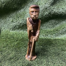 Vtg Hand Carved Wooden Figurine Rustic Folk Art Man Walk Stick Staff Sculpture