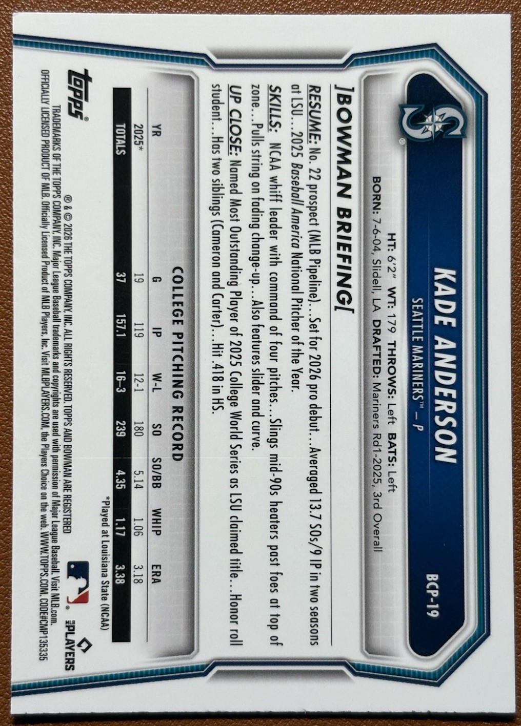 2026 Bowman Chrome Kade Anderson PACKFRACTOR VARIATION /89 #BCP-19 Mariners SP view 2