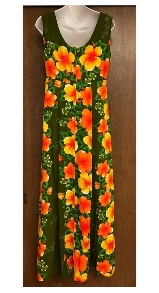 Vestido maxi vintage Pomare verde havaiano laranja floral sem mangas pregas traseiras 12 - Imagem 2 de 4