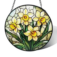 Stained Glass Window Hanging, Daffodil Flower Diamond Glass Panel 6.3 Inch