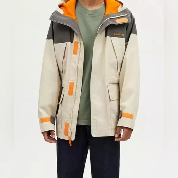 Coach Color Block Functional Jacket Mens XL Khaki Orange Gray NWT Outlet - Image 2 of 4