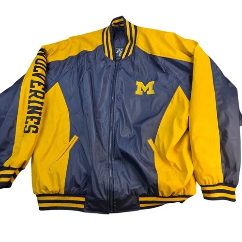 Steve & Barry's Michigan Wolverines Varsity Bomber Jacket Mens XL Navy Gold video thumbnail