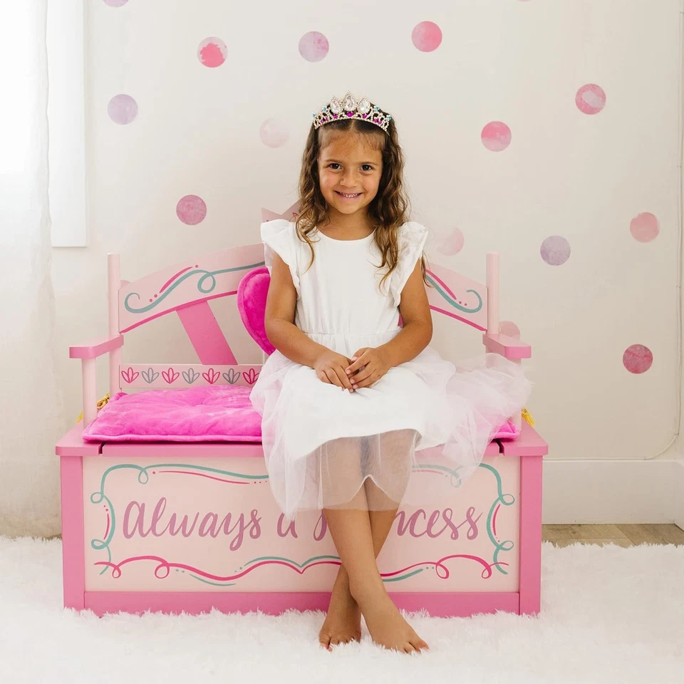 Banco de almacenamiento de madera Wildkin Kids Princess - Asiento de caja de juguetes 32 x 13 x 28, rosa Foto 2 de 4