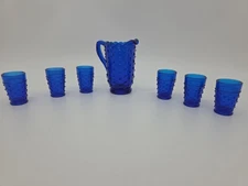 Wetzel Carnival Glass Water Set Miniature Hobnail Cobalt Blue Pitcher Tumblers