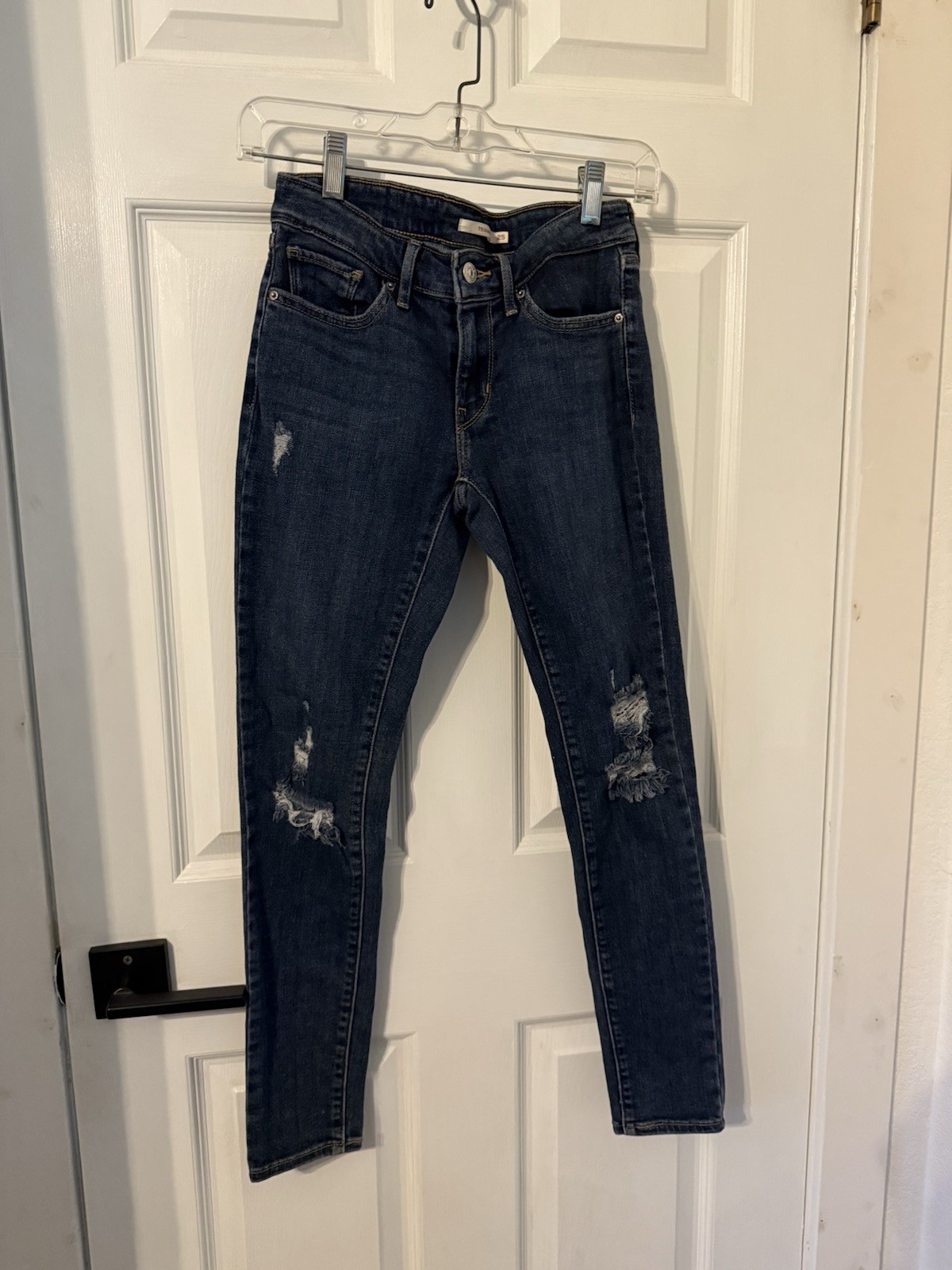 Levi’s 711 Skinny Jeans Blue Denim Stretch Distressed Womens Size 25 X 28
