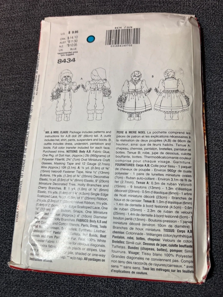 Vogue Craft 8434 Mr. & Mrs. Claus Doll Pattern Designed By Linda Carr 1990s uncu - Image 2 of 4