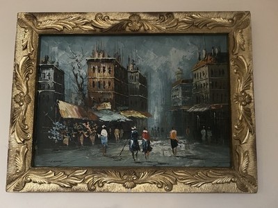 Vintage Paris Street Scene French Oil Painting on Canvas Signed