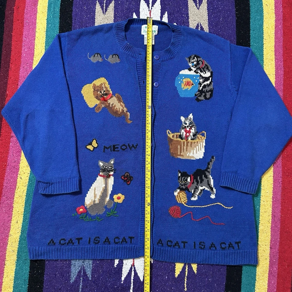 Vintage Quacker Factory Cat Cardigan Sweater Size 2X "A Cat is A Cat" Blue - Image 4 of 4