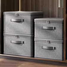 3PCS Large Foldable Canvas Storage Boxes Folding Fabric Clothes Baskets w/ Lid
