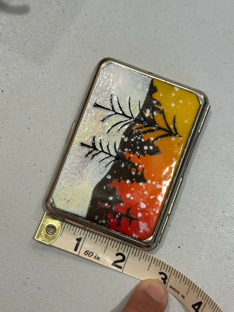 Vintage 1950s Silver-Style Etched Powder Compact Cigarette Case Holder Enamel