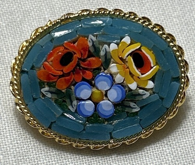 #ad Vintage Italian Micromosaic Floral Brooch Gold Tone 7 8” Teal Yellow 1950’s $99.99