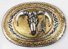 Crumrine Belt Buckle: Silver Plate  10K Gold Cow Skull, Bold Southwest Splendor