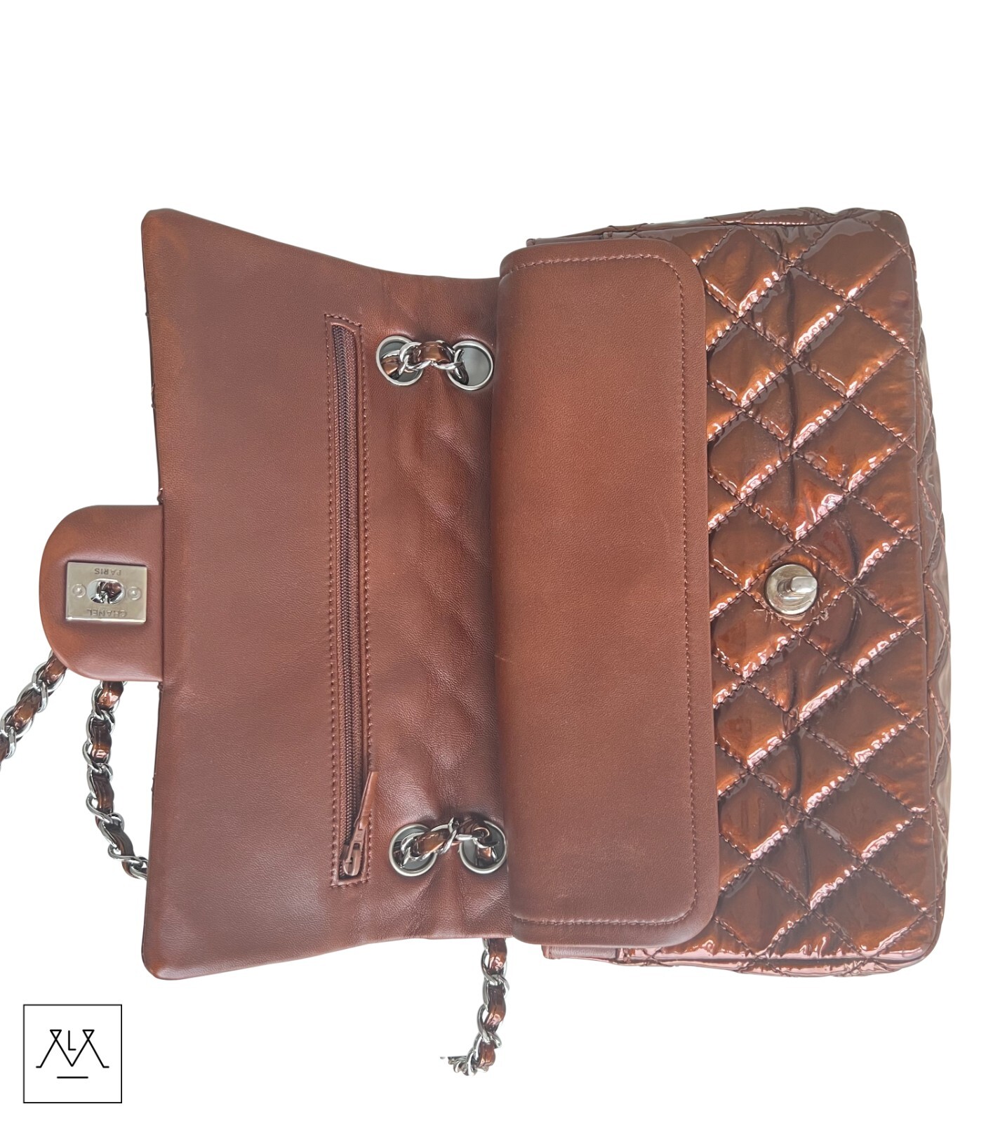 Chanel Double Flap Bag Metallic Bronze Patent Leather - 100percent Authentic image 7