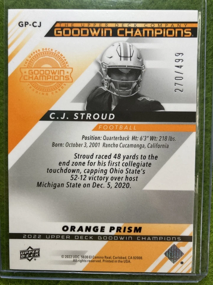 CJ Stroud ORANGE PRIZM #/499 ROOKIE CARD Jersey #7 OSU 2022 Upper Deck RC TEXANS - Image 4 of 4